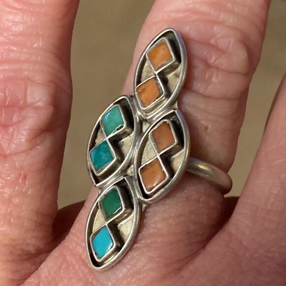 Vintage Southwestern Navajo Turquoise Coral & Sterling...